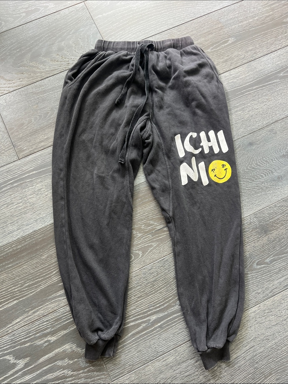 Ichi Ni Black Kids Sweatpants with Yellow Smiley Graphic